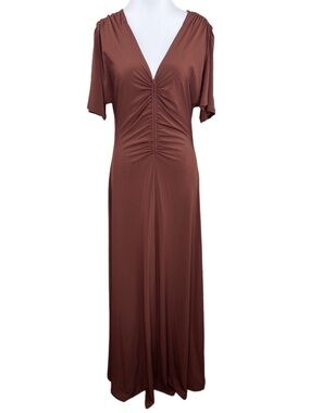 NWT Boston Proper Size Medium Ruched Maxi Dress Brown Deep V Stretch Bodycon